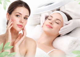 Frau mit Hautunreinheiten und Akne vor einer professionellen Gesichtsbehandlung im Kosmetikstudio