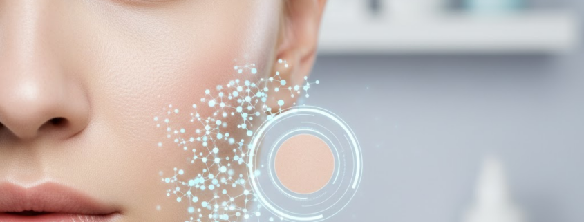 Nahaufnahme einer Frau mit feinem, mattem Teint, symbolisiert durch grafische Elemente, die eine Porenverfeinerung und Hauterneuerung nach einer Kosmetikbehandlung darstellen.