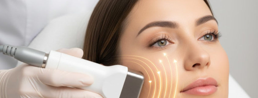 Frau während einer Radiofrequenz- oder Laserbehandlung; Visualisierung der Aktivierung des Kollagens und der Tiefenwärme in der Haut.