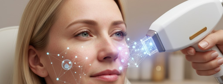 Frau erhält eine Laser- oder Lichttherapie-Behandlung (z.B. Byonik Laser) zur Beruhigung von Rosacea und chronischen Rötungen auf der Wange.